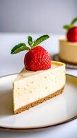 Delicious cheesecake slice adorned with a fresh strawberry and mint, highlighting sweet indulgence and dessert artistry, served on a stylish plate in a beautifully-lit setting. photo