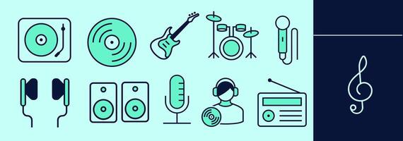 Set of icons for music recording. Record player, vinyl, electric guitar, drums, microphone, headset, sound system, radio. Editable icon elements, size and color. vector