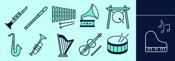 Set of icons of musical instruments, flute, harp, piano, saxophone, trumpet, violin, Xylophone, drum. Editable icon elements, size and color. vector