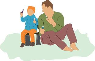Father and Child Playing with Bubbles in the Park vector