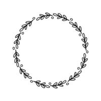 Minimal Botanical Wreath Black and White Hand-Drawn Doodle Circle Frame vector