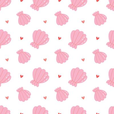 Cute Pink Seashells and Hearts Seamless Summer Beach Pattern