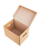 Open cardboard box on white photo