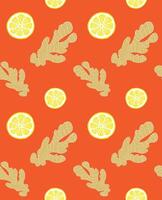 Seamless pattern of hand drawn doodle sketch ginger and lemon isolated on orange background vector
