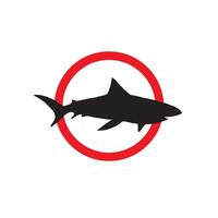 Flat warning sign with shark silhouette in red circle isolated on white vector