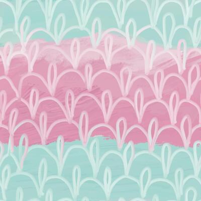 Abstract seamless pattern with hand drawn lines, waves, loops and spots. White chalk ornate on blue and pink background. Mermaid style.
