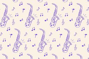 Saxophone and Notes Pattern Jazz Inspired Music Background. Elegant jazz-themed pattern with hand drawn saxophones and musical notes in a rhythmic retro style. vector