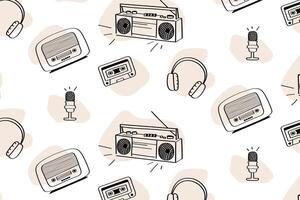 pattern with retro radio, cassette, headphones and mic music day celebration. Pattern with vintage audio elements in doodle style for World Music Day or creative projects. vector