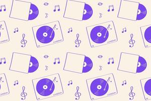 Vinyl Record and Turntable Pattern Retro Music Background. Playful pattern with turntables, vinyl records, and music notes in hand drawn vector