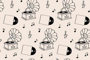 Vintage gramophone and vinyl pattern with music notes retro jazz style. Repeating retro style pattern with gramophones, records, and musical notes on pastel background. vector