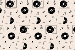 pattern with vinyl records, notes, and clefs black and beige retro music design. Stylish repeating pattern with vinyl records and music for jazz events or retro decor. vector