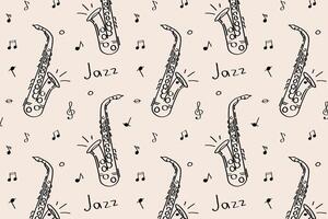 Jazz saxophone pattern with musical notes and text for Jazz Day or music events. Stylish hand drawn saxophone pattern with jazz notes and decorative text, perfect for jazz themes. vector