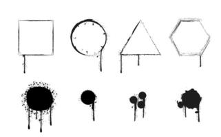 Creative black paint splatters and geometric shapes on a white background showcasing artistic expression and design possibilities. vector