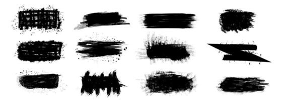 Variety of black brush strokes showcasing different textures and styles for graphic design and artistic projects. vector