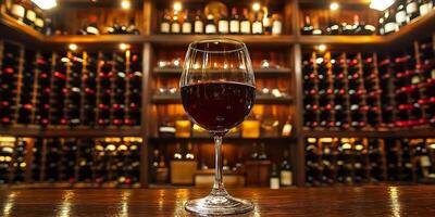 Glass of red wine in elegant cellar with bottles displayed on wooden racks. photo