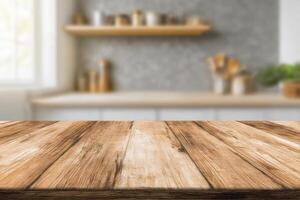 Rustic Wooden Tabletop with Blurred Modern Kitchen Background for Mockups and Displays photo