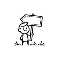 cartoon child holding empty direction sign in grassy area shows creativity and joy vector