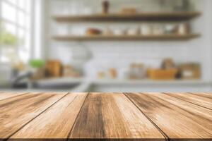 Rustic Wooden Tabletop Mockup Against Blurred Modern Kitchen Background photo