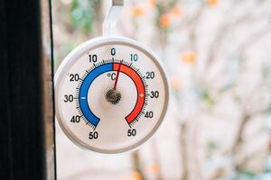 The outdoor thermometer is displaying various temperature readings photo
