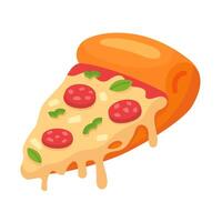 Cartoon-style pizza slice with gooey cheese and toppings vector