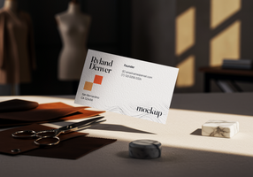 Stylish business card mockup leaning on accessories with soft window light and fashion elements in the background psd
