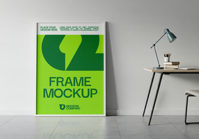 A modern frame mockup featuring a vibrant green and white design displayed in a minimalist home office setting psd