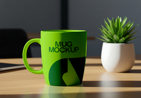 A lime green mug with Mug Mockup printed on it sits on a wooden desk next to a small succulent psd