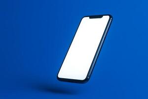 Mobile Phone with Blank Screen Against Blue Background photo