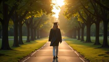 Graduate Walking on Path Between Trees at Sunset photo