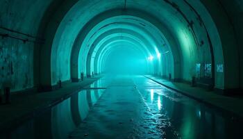 Illuminated Concrete Tunnel with Water Reflection photo