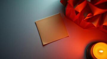 A low-angle view of textured paper lit by candlelight, plus an overhead shot of a sticky note glowing in warm, flickering light. photo