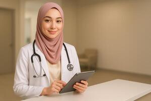 A woman in a hijab is holding a tablet computer photo