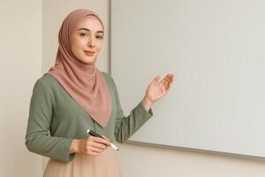 Young muslim woman in hijab standing in front of whiteboard photo