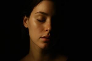 Emotional low key portrait of young woman with closed eyes in warm light photo