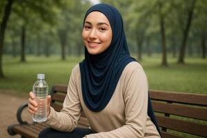 A woman wearing a hijab sitting on a bench holding a bottle of water photo