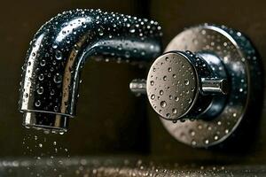 Close-up of a chrome faucet and round handle covered in water droplets, with glistening reflections and a dark blurred background, capturing a sleek and clean bathroom detail. photo