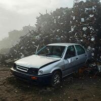 Old, damaged silver sedan abandoned in a foggy scrapyard, surrounded by towering piles of crushed metal and auto parts, evoking themes of abandonment and urban decay. photo