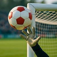 A close up shot of a goalkeepers gloved hand reaching to block a red and white soccer ball hitting the goalpost during an outdoor match, with the net and blurred crowd in the background. photo