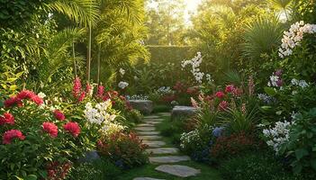 Serene Lush Garden Pathway Bathed in Golden Sunlight with Vibrant Flowers and Greenery photo