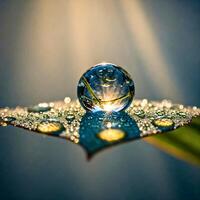 Close-up of a single dew drop on a leaf, reflecting sun rays and foliage, surrounded by glistening droplets with soft morning light and a dreamy, tranquil atmosphere. photo