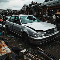 Heavily damaged silver sedan with a smashed windshield and dented hood sits in a crowded junkyard, surrounded by broken glass, rusted parts, and stacked wrecked vehicles. photo