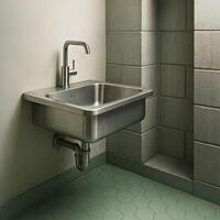 Modern industrial-style stainless steel wall-mounted sink with a sleek faucet, set against a tiled wall and hexagonal green floor tiles in a minimalist bathroom corner. photo