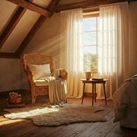 A warm room with a wicker chair, knit blanket, and strong sunbeams shining through a window with sheer curtains. photo