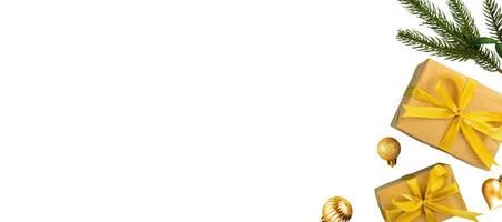 golden gift box with Christmas tree banner background photo