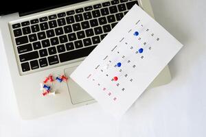 laptop with calendar and flat lay background photo
