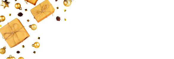golden gift box with balls for banner decoration photo