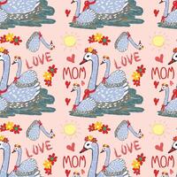 A seamless repeating pattern of a mother swan and baby swans. vector