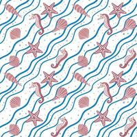 Seamless Nautical Pattern with Seahorses, Shells and Starfish, Ocean Beach Theme vector