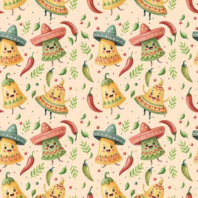 a seamless watercolor pattern of bells with faces