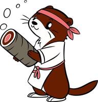 otter is holding sushi roll vector